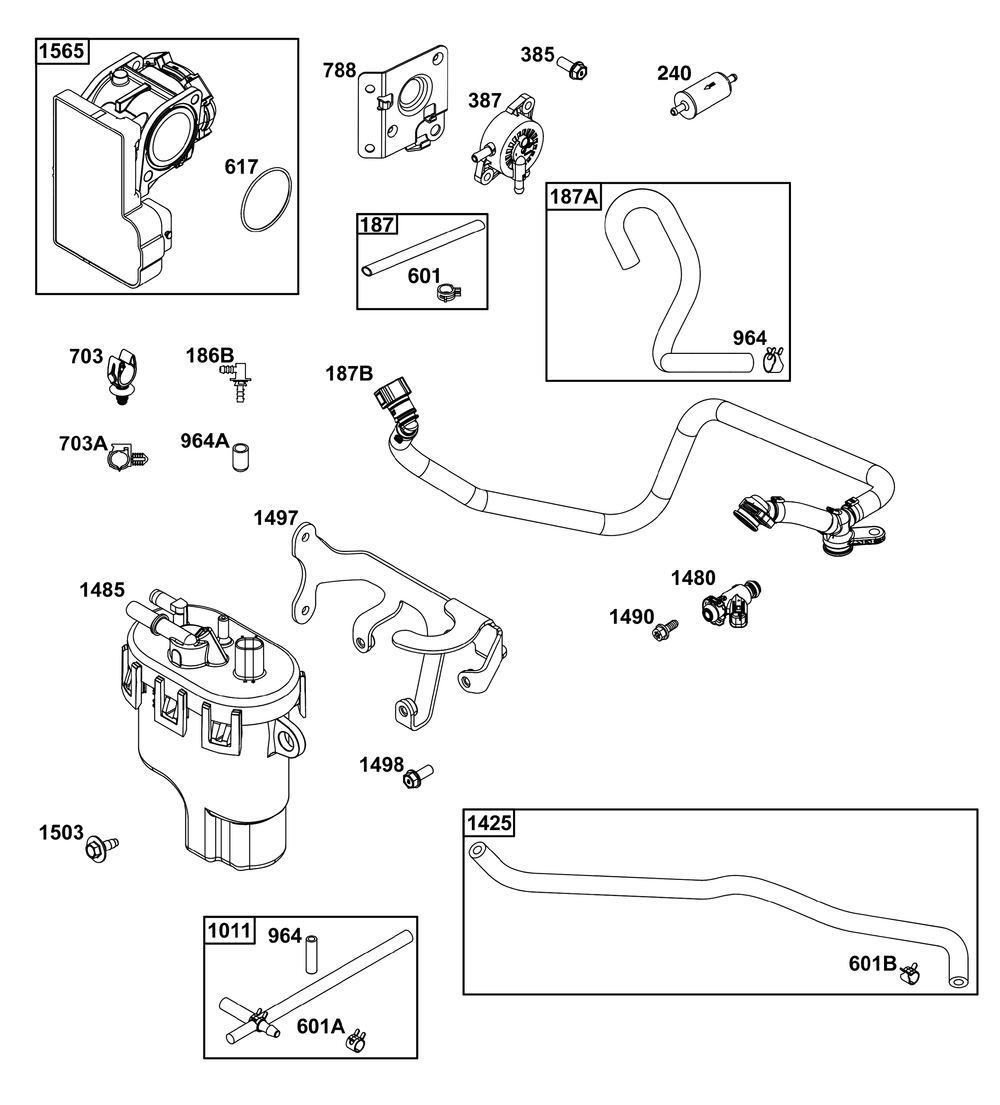 Throttle Body And Fuel Supply Group Diagram and Parts List for 44Y977-0002-H5 400000 - 699999 Briggs and Stratton Engine